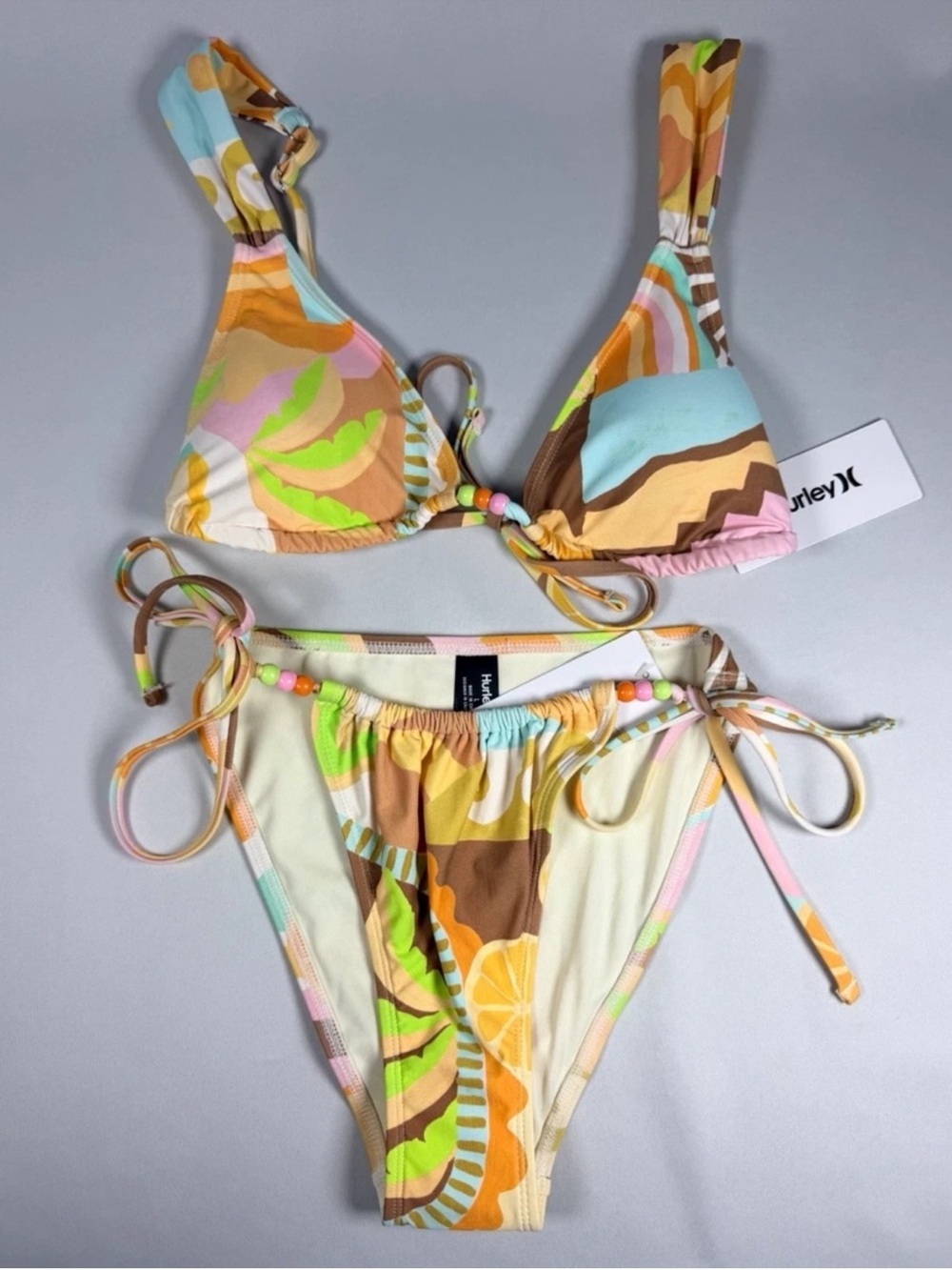NWT Hurley Pastel Multi Print Side Tie Bikini Set